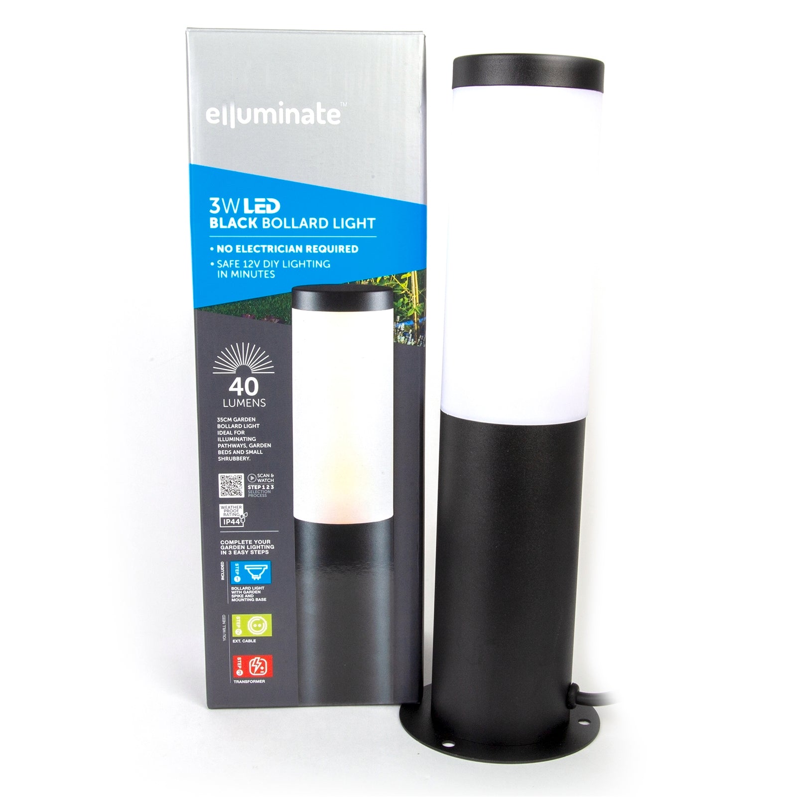 Elluminate Warm White Black Garden Bollard Light Metal 12V 3W Weather Resistant Outdoor