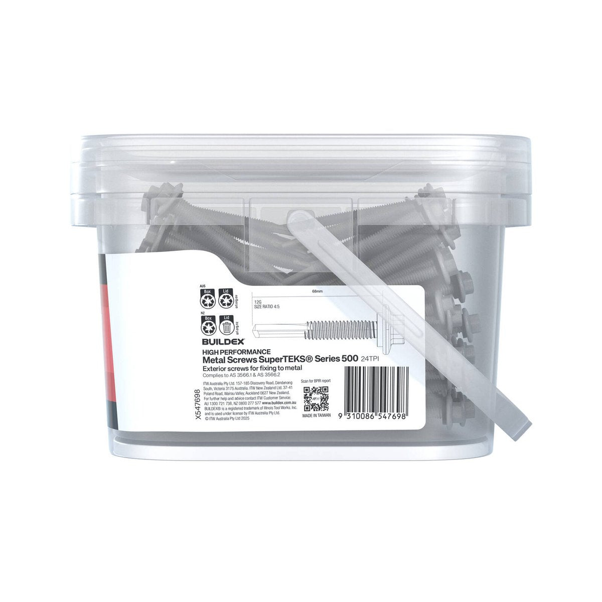 Buildex 12G x 68mm Class 3 Galvanised SuperTEKS Hex Head Self-Drilling Screws, 250 Pack