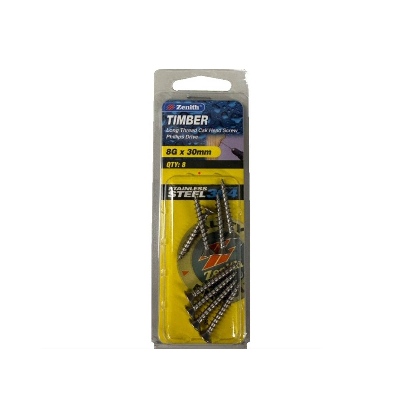 Zenith 8G x 30mm 302 Stainless Steel Countersunk Timber Screws - Long Thread, Phillips, 8 Pack
