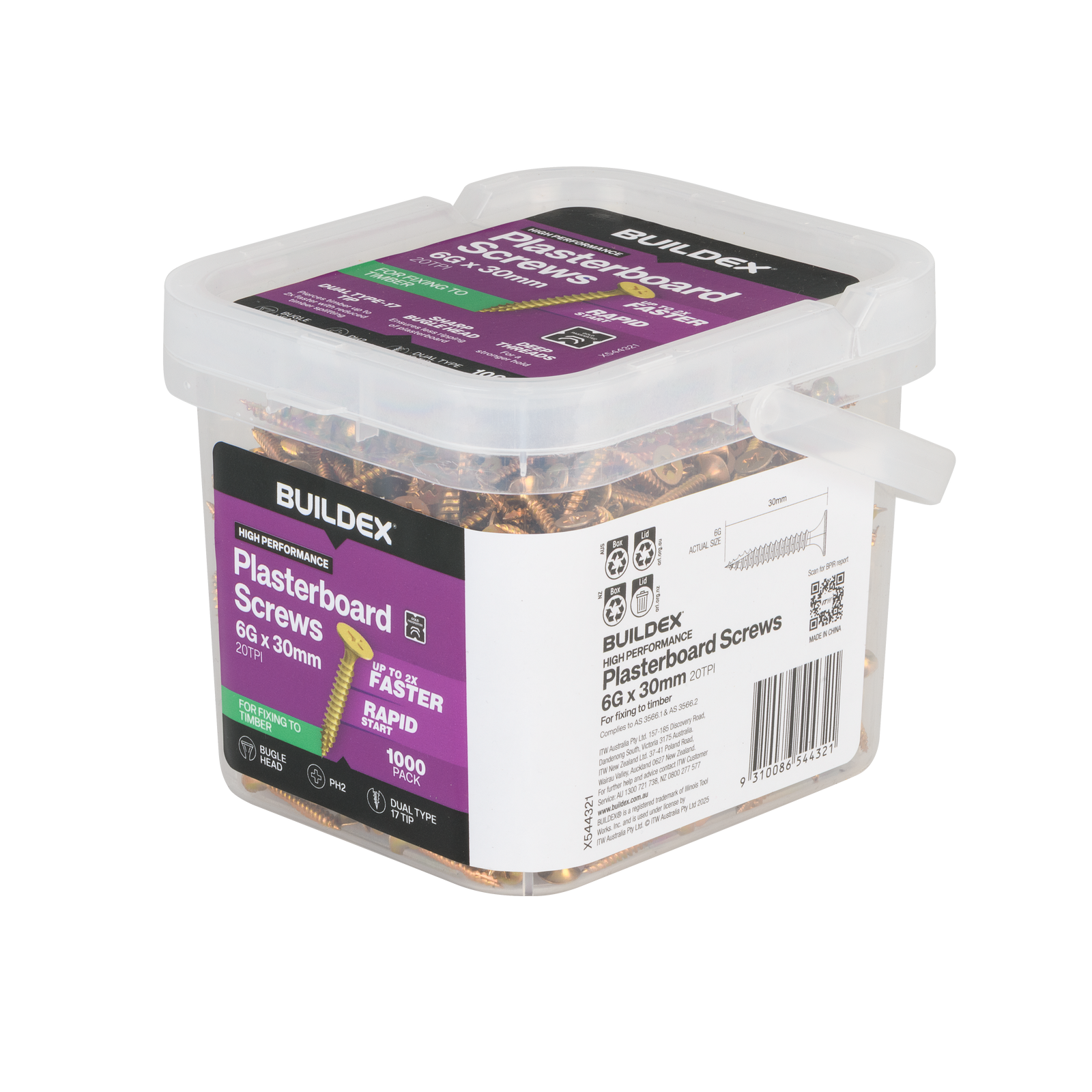 Buildex 6G x 30mm Gold Passivated Bugle Head Plasterboard Screws - 1000 Pack