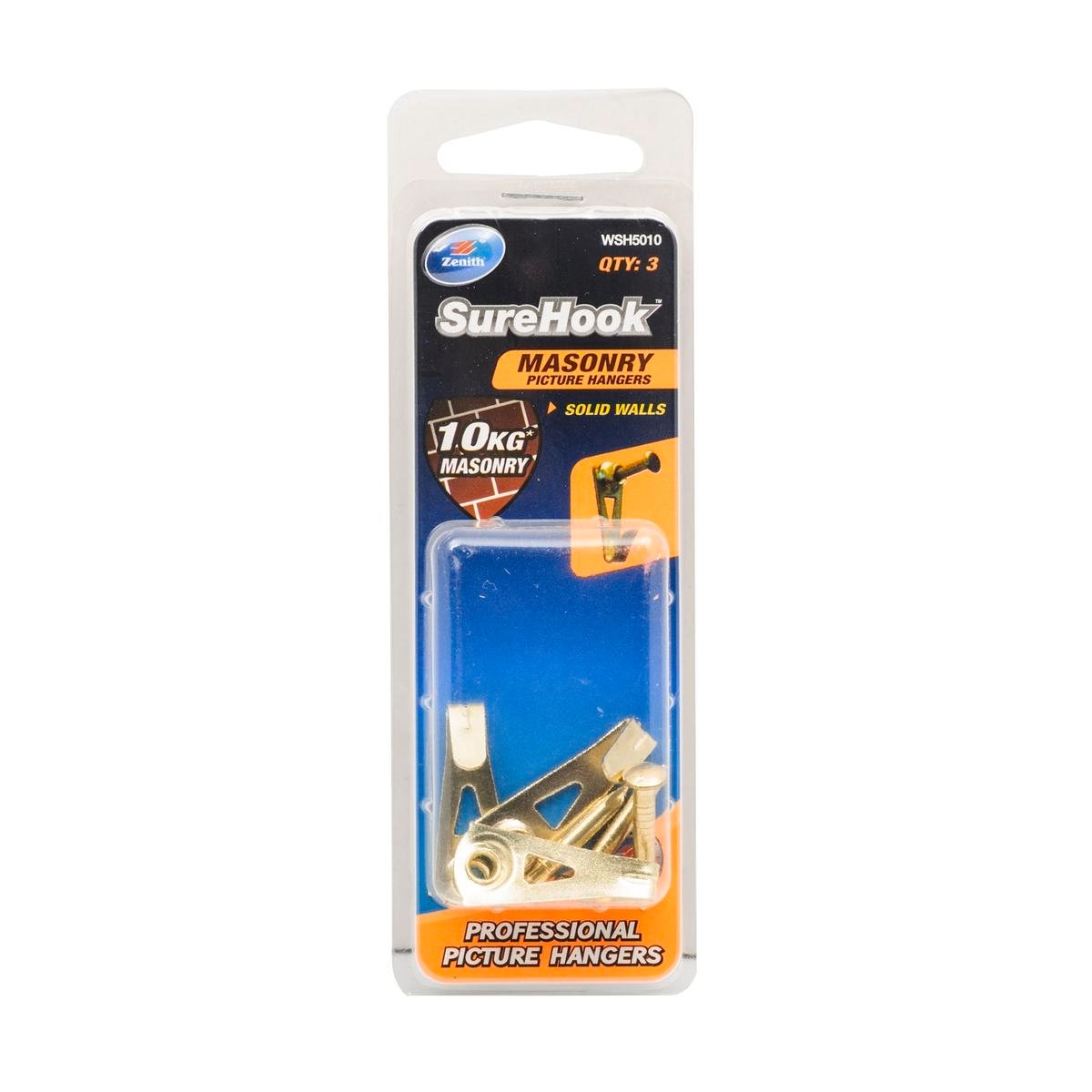 Zenith SureHook 10kg Brass Plated Masonry Picture Hanger 3 Pack - Concrete & Brick