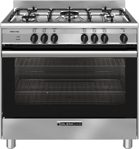 Glem Gas 90cm Dual Fuel Freestanding Oven 140L - 5 Gas Burners, Wok Burner, Stainless Steel - GB965GE