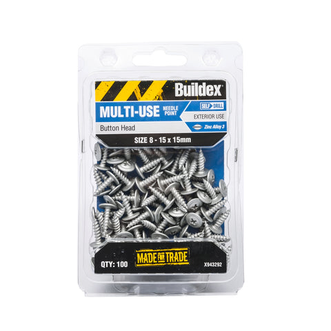 Buildex 8-15 x 15mm Galvanised Button Head Needle Point Screws - 100 Pack