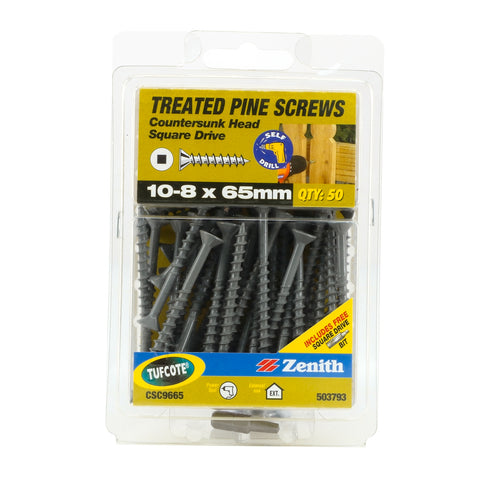 Zenith 10-8 x 65mm Tufcote Countersunk Treated Pine Screws - 50 Pack