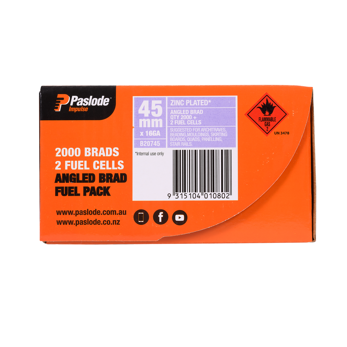 Paslode 45 x 1.6mm 16 Gauge 20 Degree Zinc Plated Angled Brad Nails with Fuel - 2000 Pack