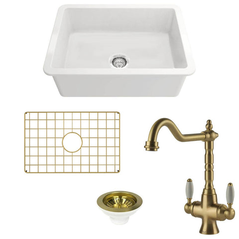 Turner Hastings Cuisine 68 Fireclay Sink Pack - Brushed Brass Providence Double Mixer Tap - PKG040