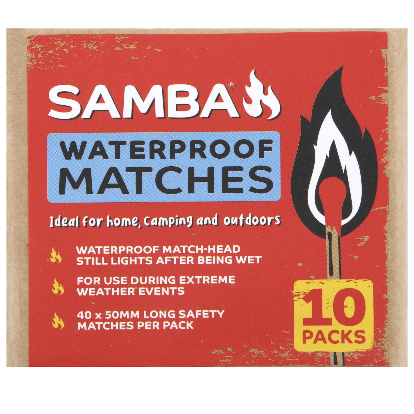 Samba Waterproof Matches 50mm - 10 Pack for Camping & Emergency Use