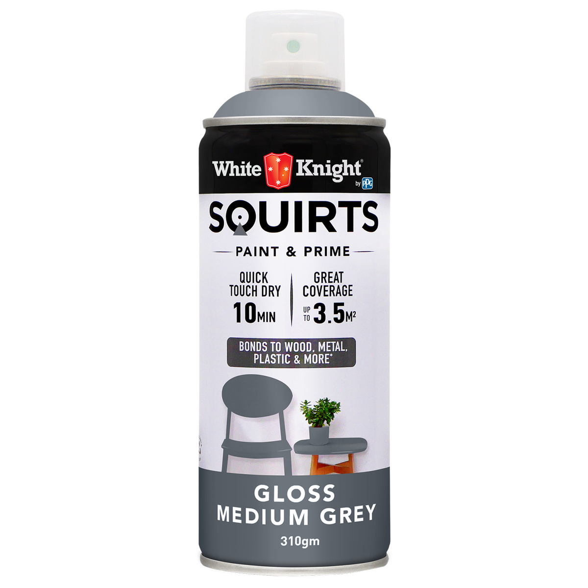 White Knight Squirts Medium Grey Gloss Spray Paint 310g Durable Finish - SuperSaverAU - view 1