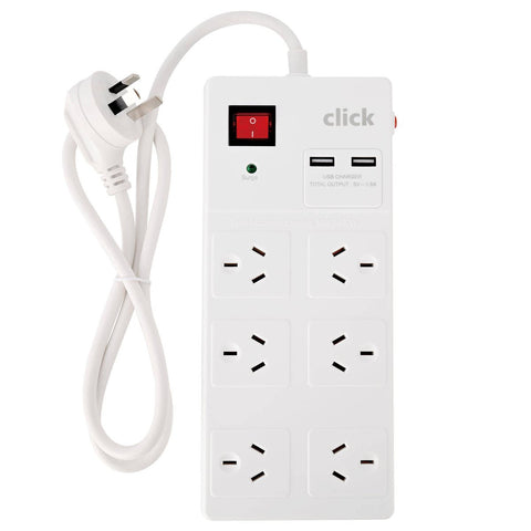 Click 6 Outlet Power Board - 90cm Cable - Surge Protection - Compact Design - SuperSaverAU - view 1