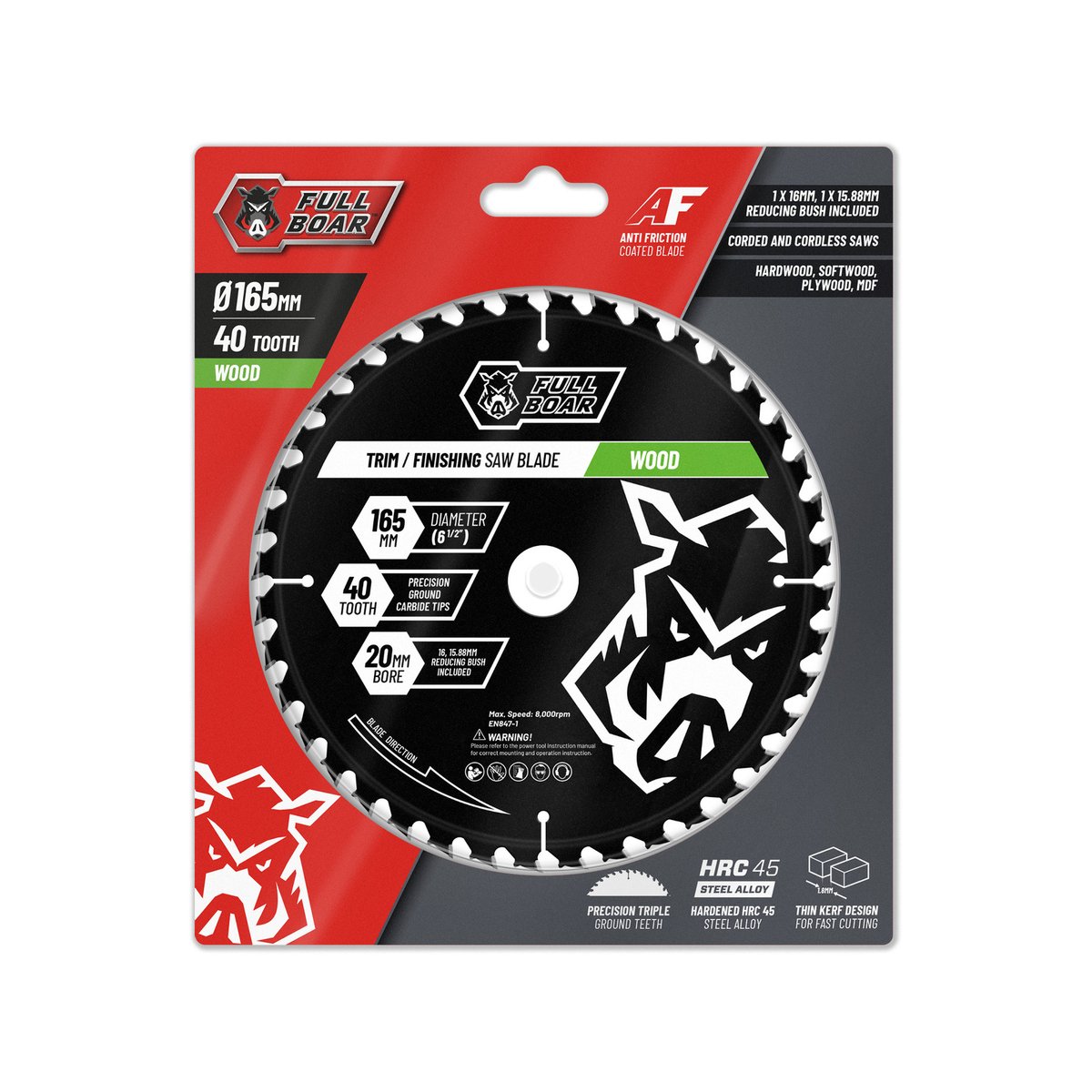 Full Boar 165mm 40T Carbide Circular Saw Blade, 20mm Bore