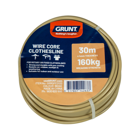 Grunt 4mm x 30m Wire Core Clothesline, Beige PVC Coated, 160kg Break Strength