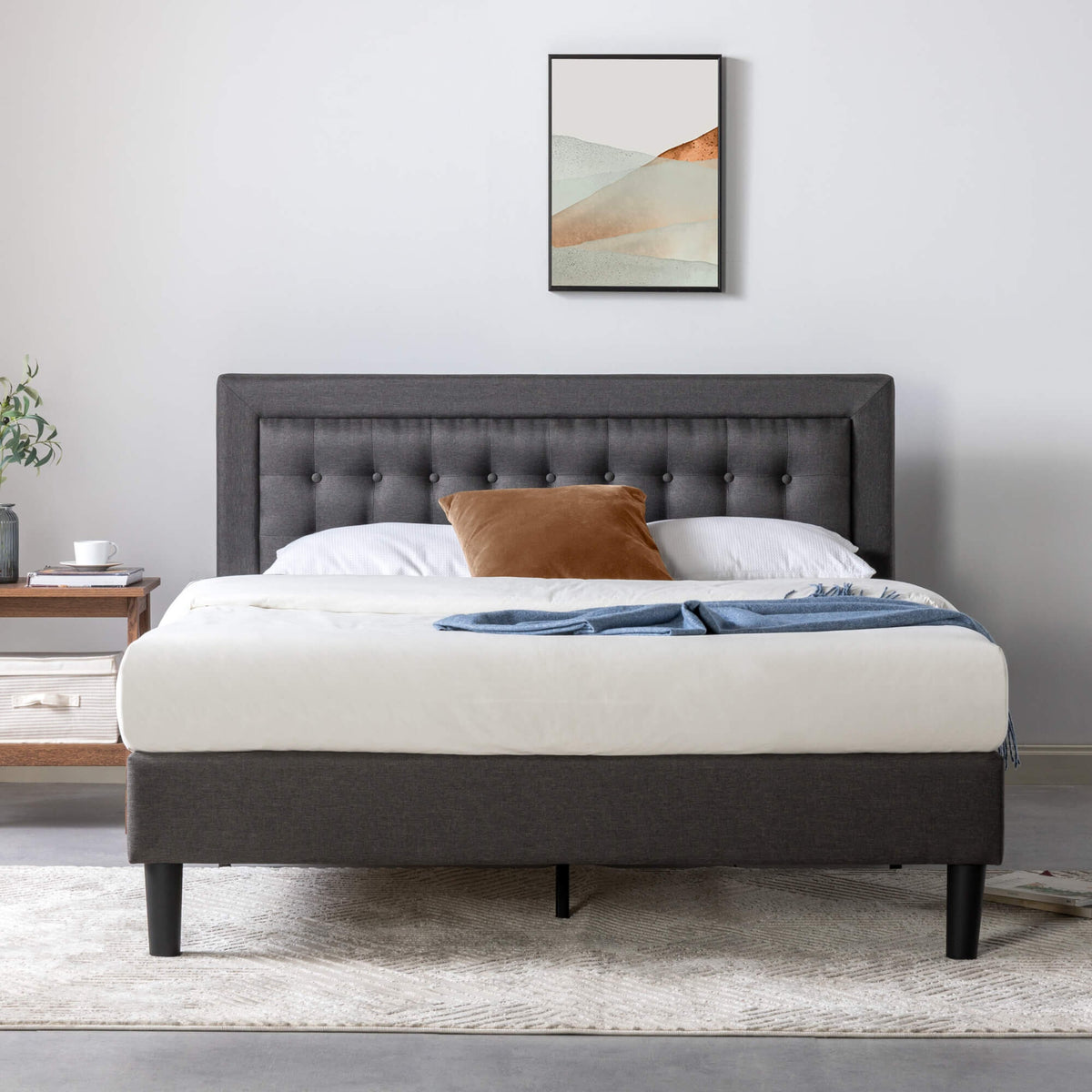 Zinus Dachelle queen upholstered bed frame - dark grey fabric, metal frame, 5 year warranty - AU-CSPB-Q