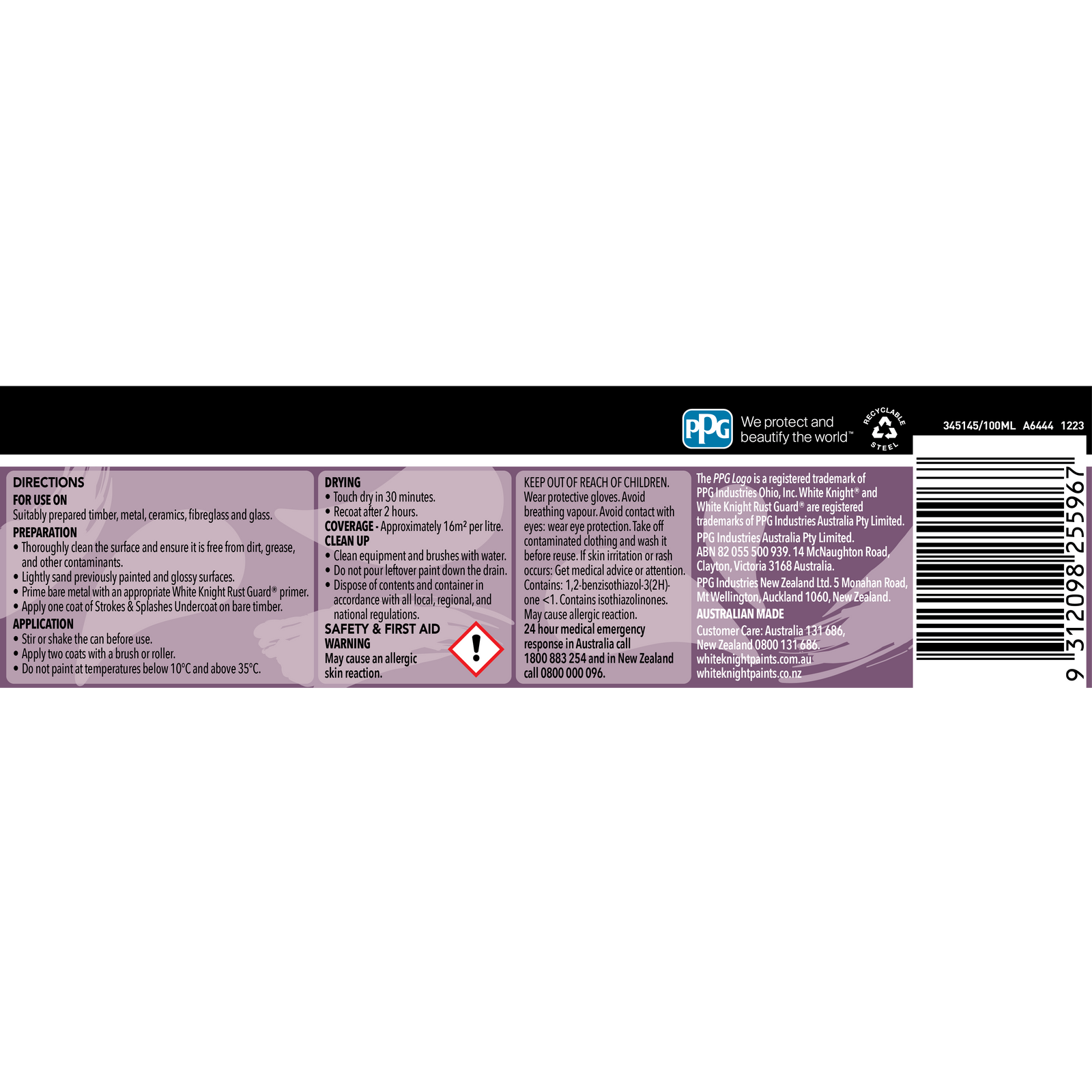 White Knight 100ml Purple Strokes & Splashes Water-Based Gloss Paint