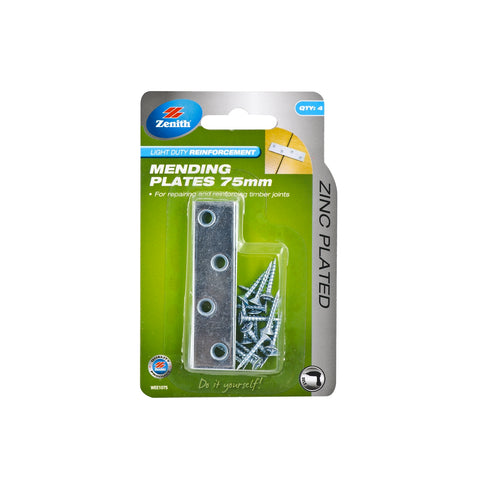 Zenith 75mm Zinc Plated Steel Mending Plates - 4 Pack