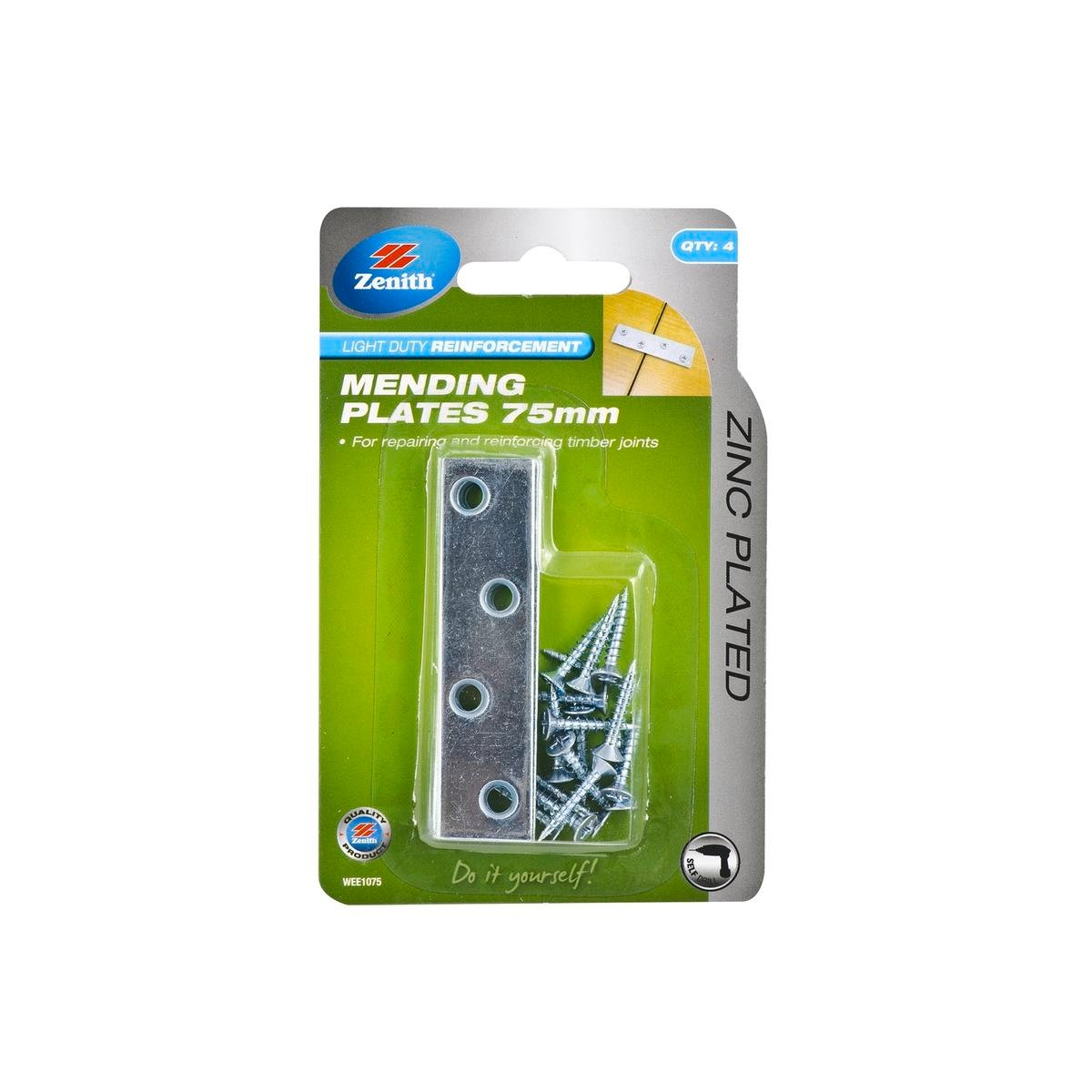 Zenith 75mm Zinc Plated Steel Mending Plates - 4 Pack
