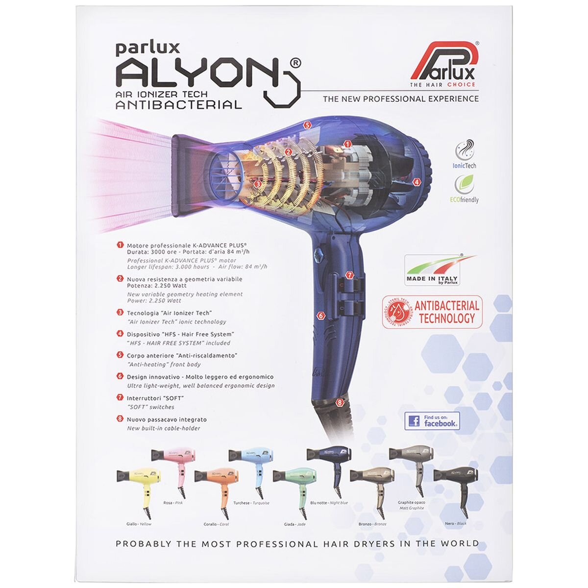 Parlux Alyon Air Ionizer Hair Dryer 2250W - Midnight Blue - Concentrated Airflow - 150130