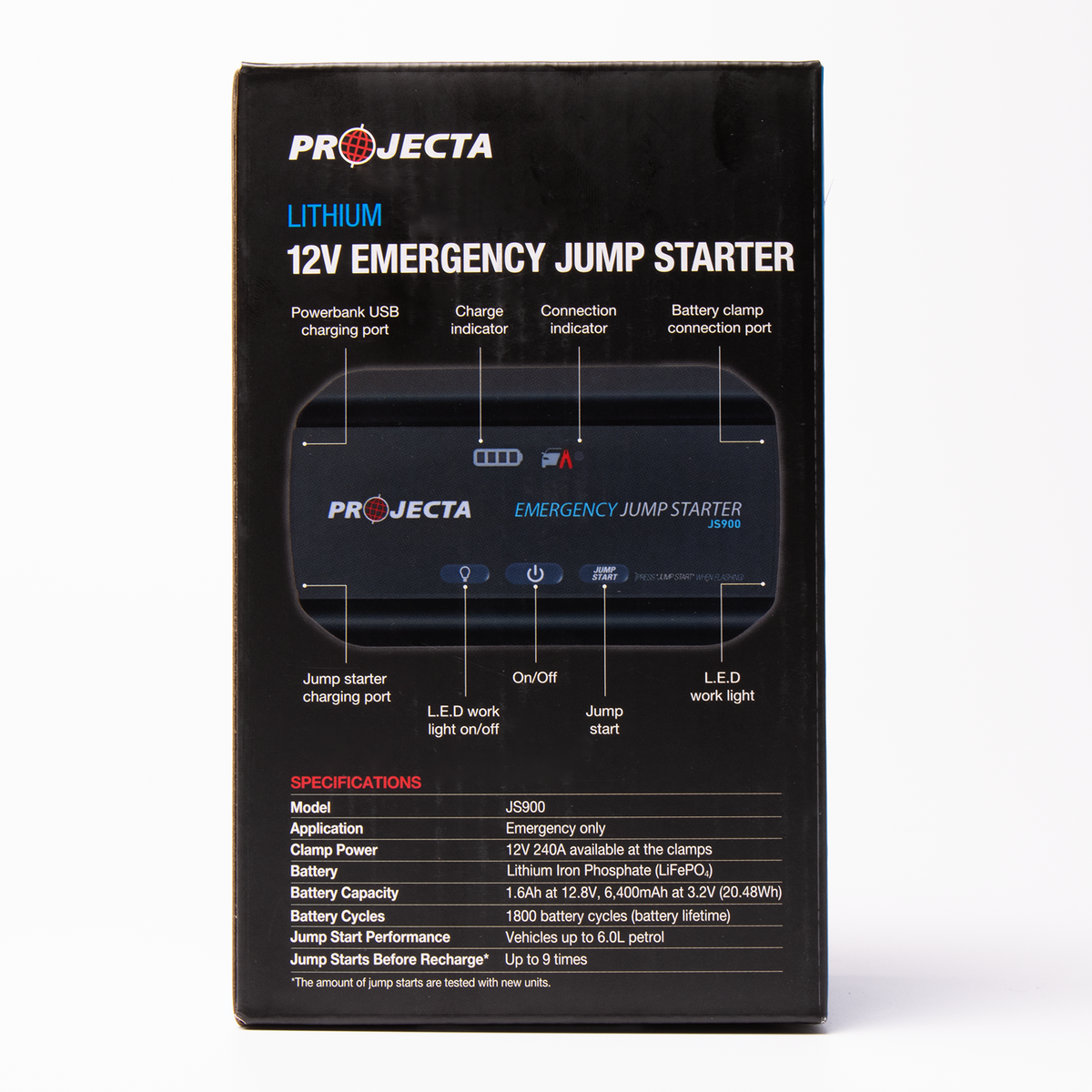 Projecta 12V 900A Jumpstarter - Compact Lithium - 115mm x 185mm x 80mm - Black - 9 Starts - LED Flood Light - USB Power Bank - SuperSaverAU - view 3