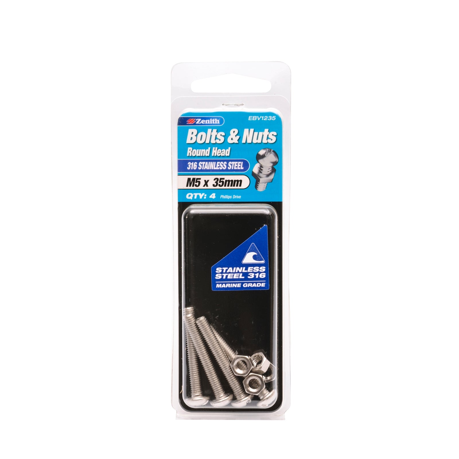 Zenith M5 x 35mm 316 Stainless Steel Round Head Bolt and Nut 4 Pack