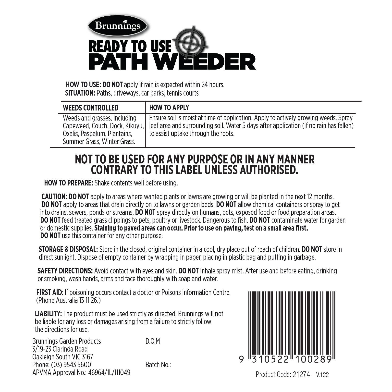 Brunnings 1.2L Path Weeder Ready To Use Liquid Non Selective Trigger Spray