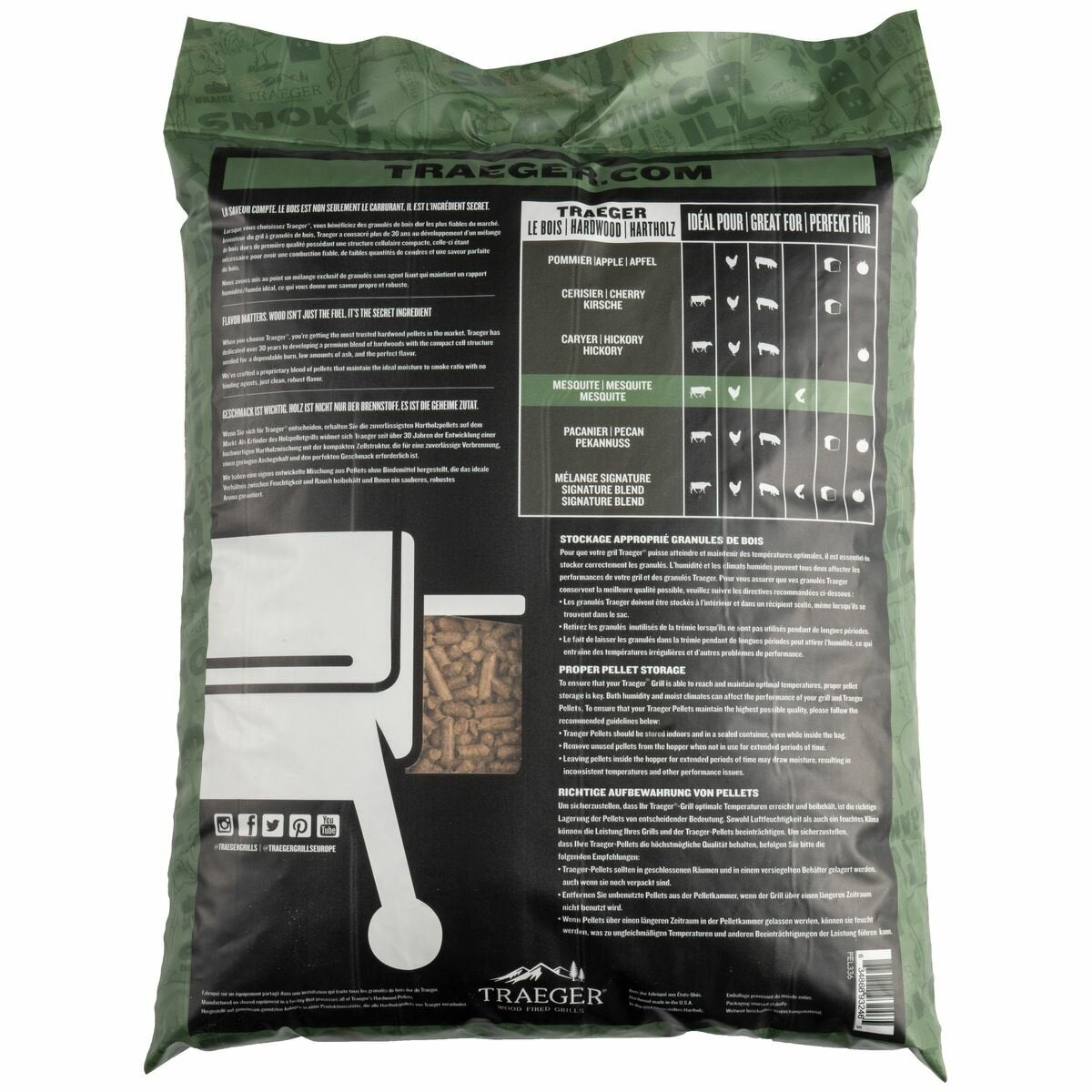 Traeger Mesquite BBQ Wood Pellets 3 x 9kg Pack - All-Natural - Clean Burn - Low Ash - PEL336-PACK