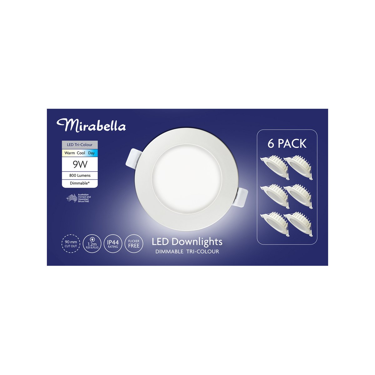 Mirabella 9W LED Downlights 6 Pack - 800lm - Dimmable - Tri-Colour - IP44 - SuperSaverAU - view 1