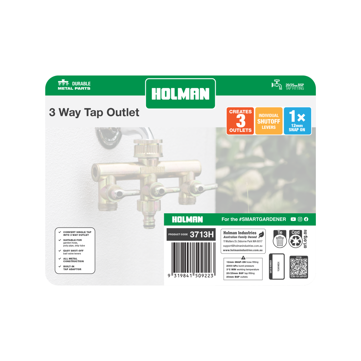 Holman 3 Way Metal Tap Outlet - 152mm x 118mm x 56mm - Gold - SuperSaverAU - view 4