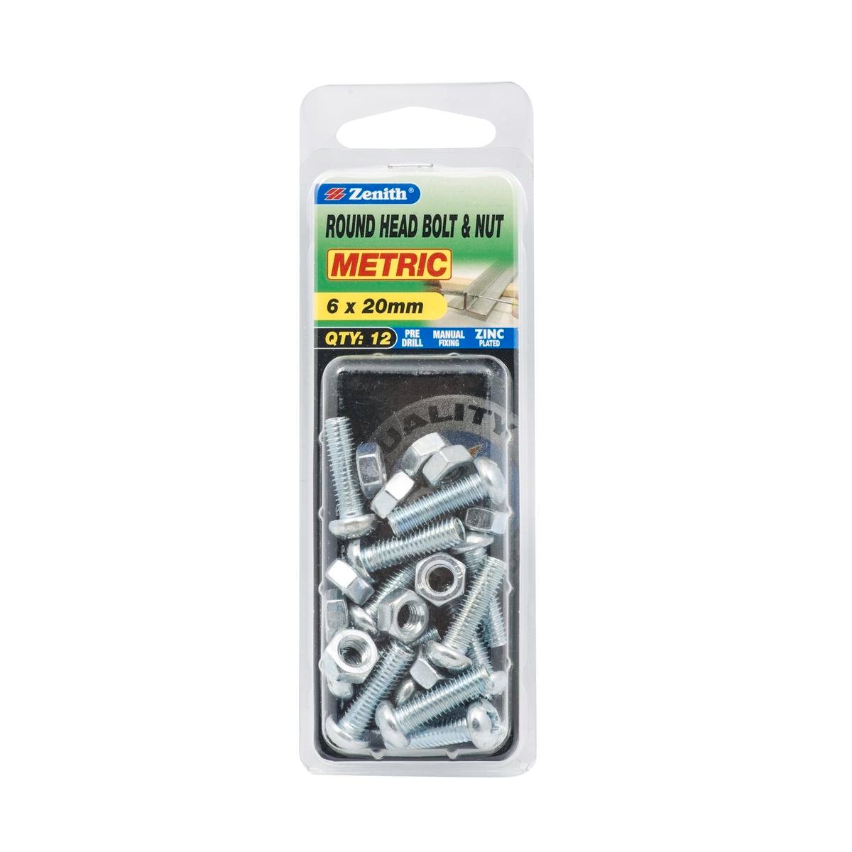 Zenith Round Head Bolt & Nut - 6 x 20mm - Zinc Plated - 12 Pack - SuperSaverAU - view 1