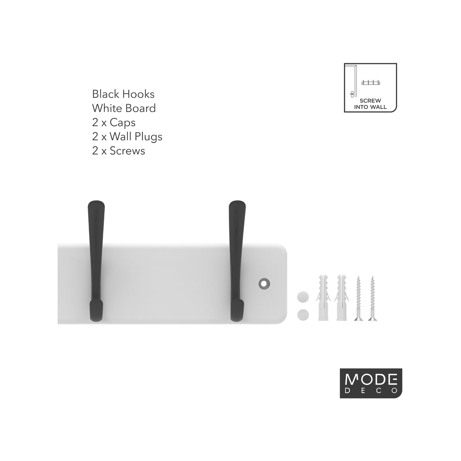 Mode 4 Black Hooks on White Board Hat & Coat Rack 450mm
