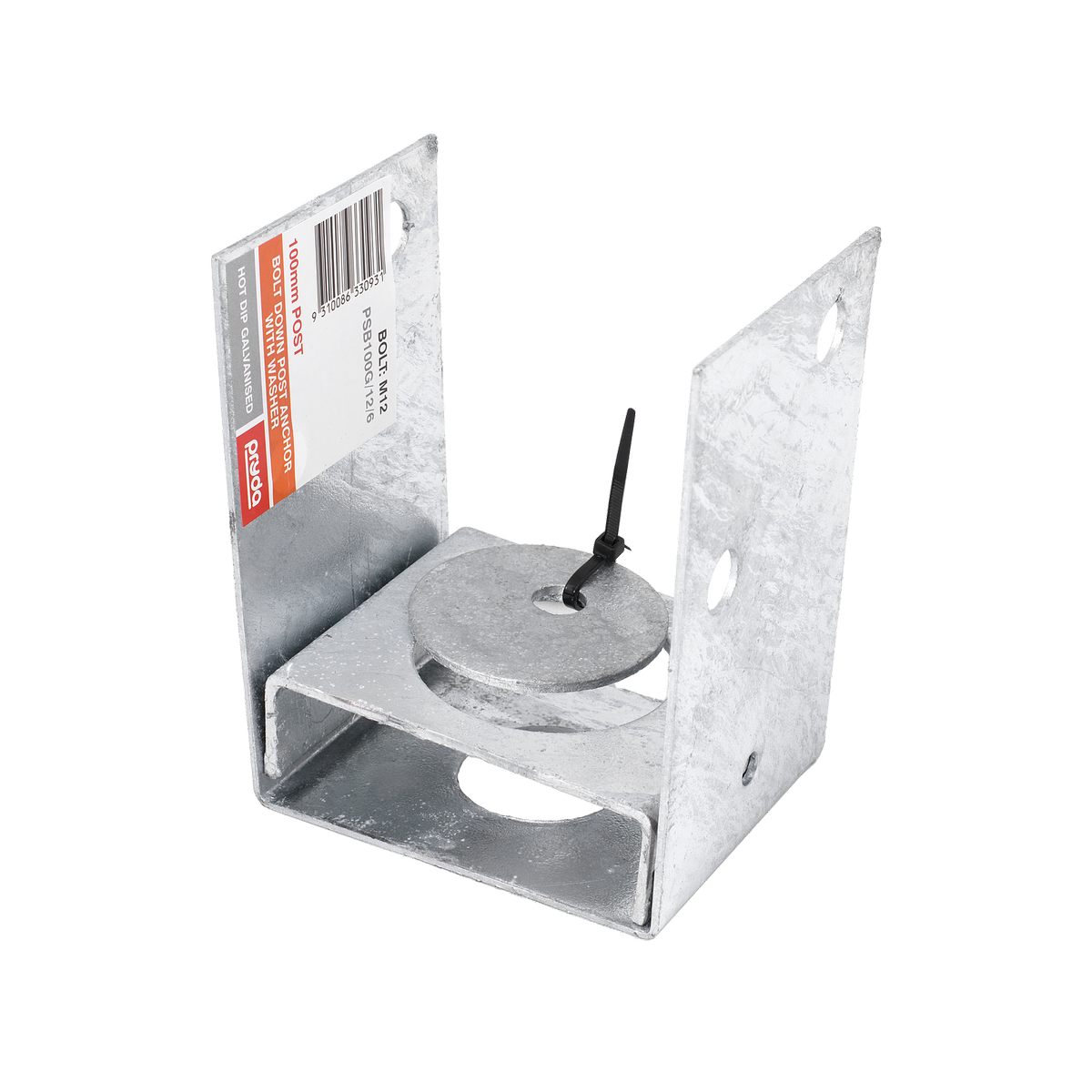 Pryda 100mm M10 Bolt Down Galvanised Steel Full Stirrup Post Anchor with Washer