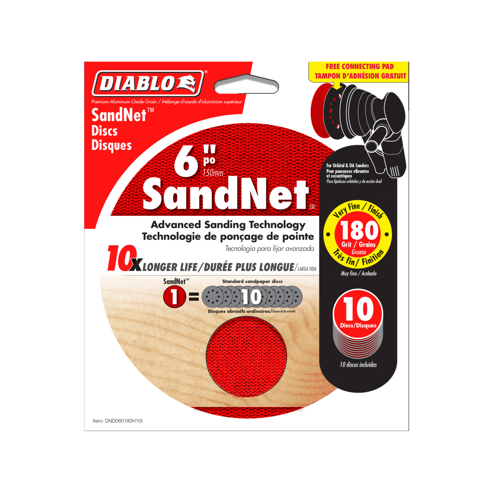Diablo 150mm 180 Grit SandNET Orbital Discs with Connection Pad 10 Pack Red