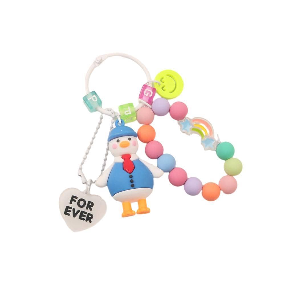 3D Duck Keychain with Bead Strand and Heart Charm - Blue and White