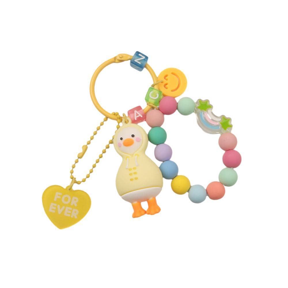 3D Duck Keychain with Bead Strand and Heart Charm - Yellow