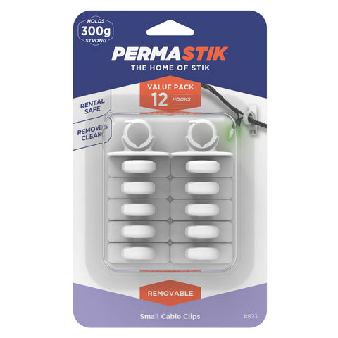 Permastik Small White Cable Clips - 12 Pack, Self-Adhesive Indoor