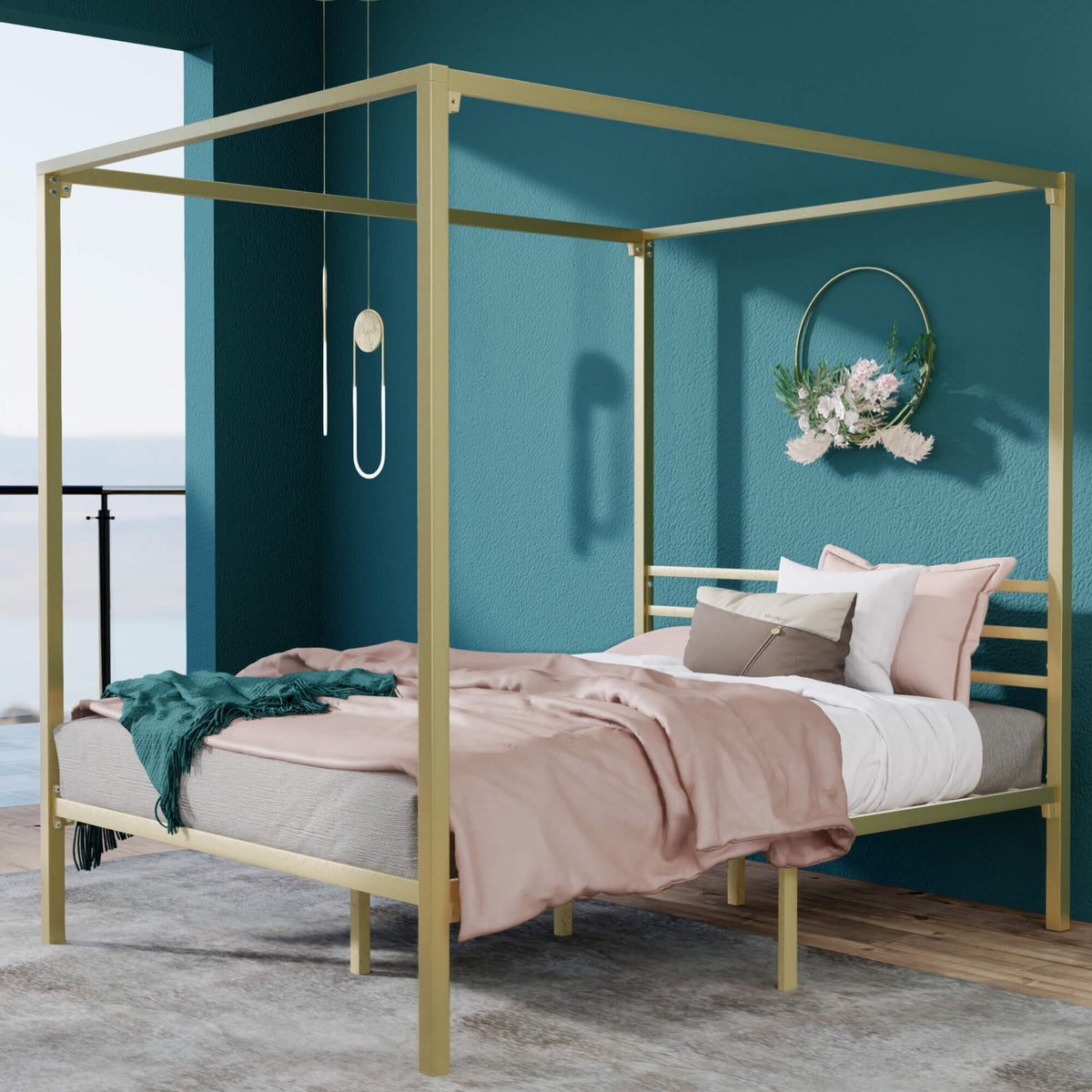 Zinus Double Metal Canopy Bed Frame - Gold Steel Frame, Slatted Support, 250kg Capacity - AU-CPBFG-D