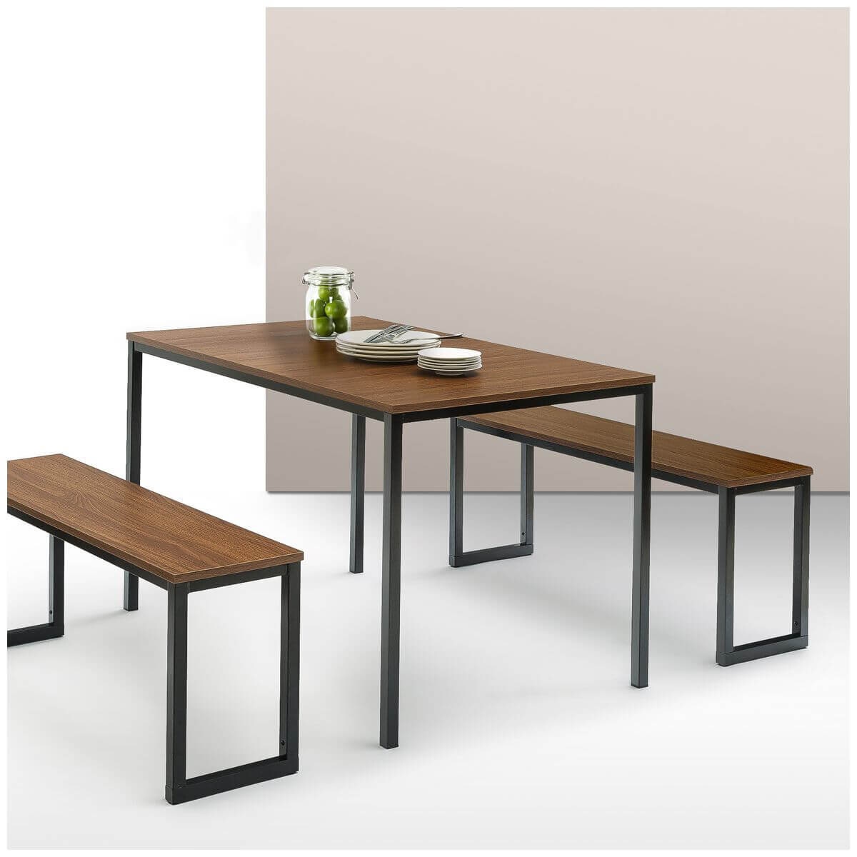 Zinus Louis 3 Piece Dining Set - Table and Two Benches, Seats Four, Steel Frame - AU-TS-4830