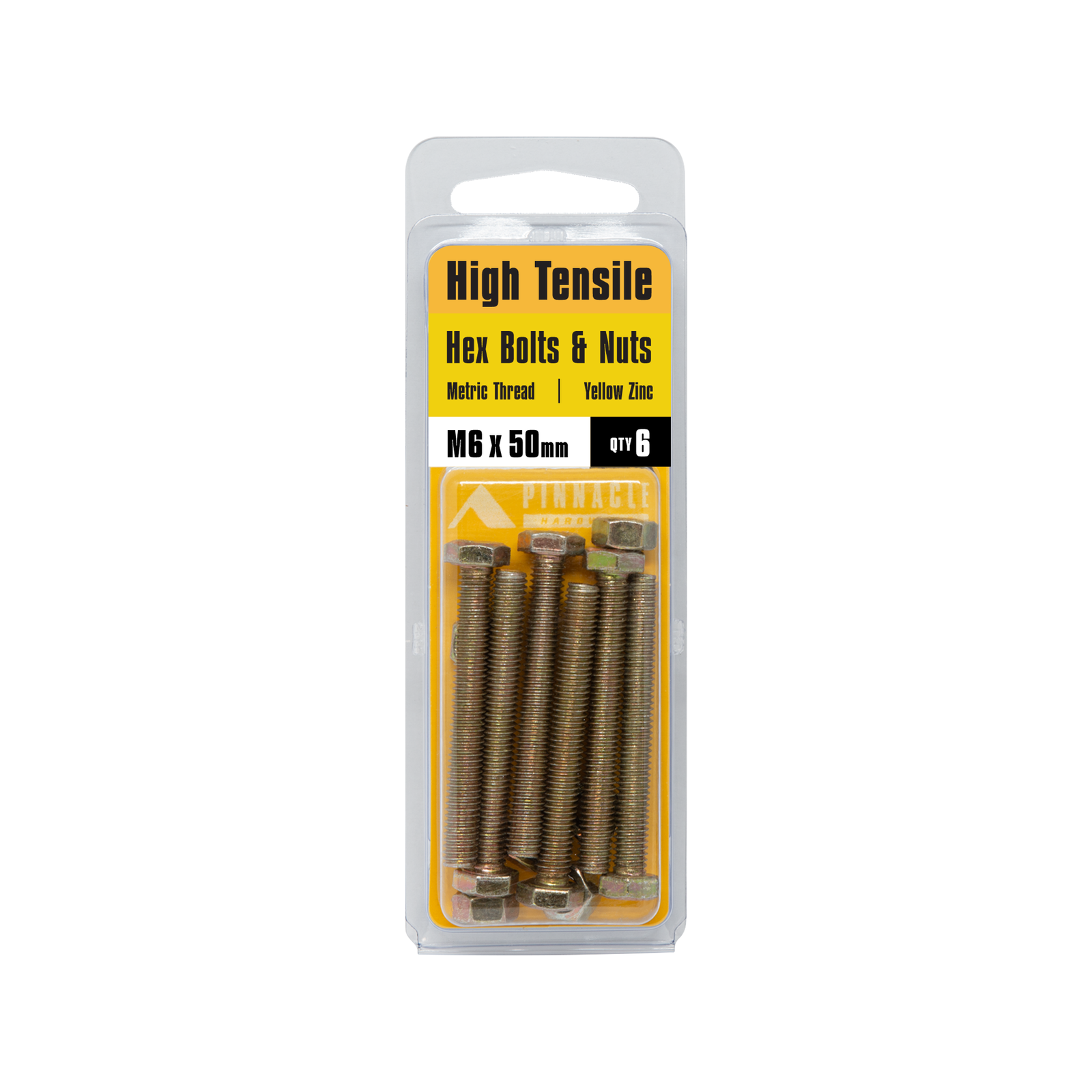 Pinnacle Hardware 6 x 50mm Yellow Zinc Hi Tensile Hex Bolt and Nut 6 Pack