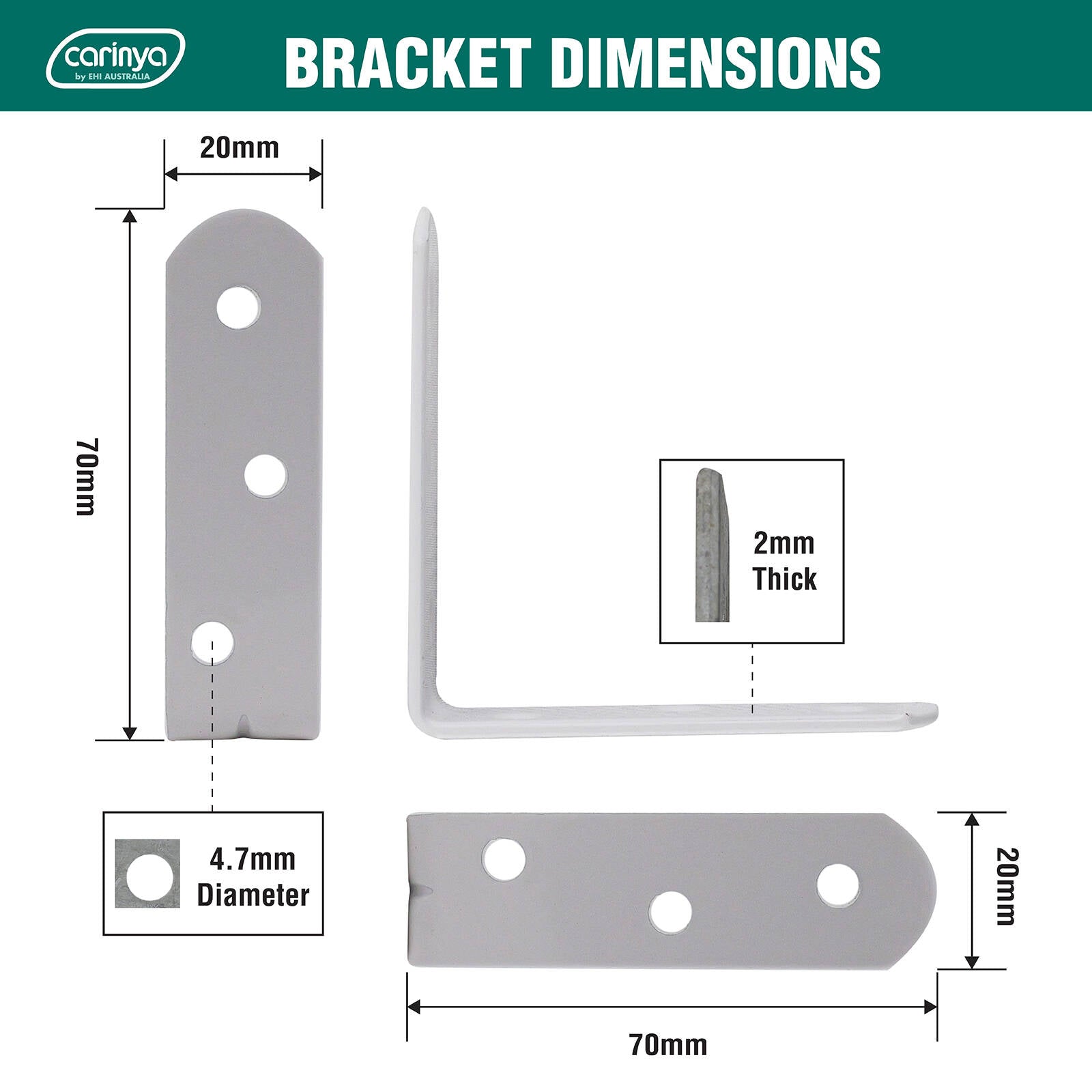 Carinya 70 x 70 x 20 x 2mm White Powder Coated Reinforcing Angle Bracket 8 Pack