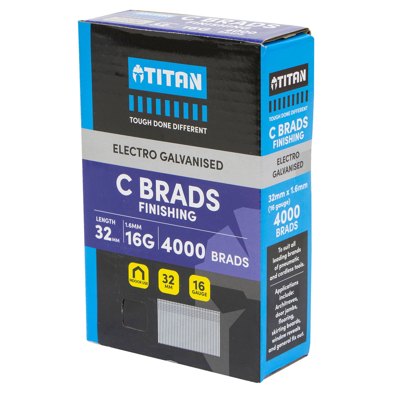 Titan 32 x 1.6mm 16 Gauge Electro Galvanised Straight Collated C Brads - 4000 Pack