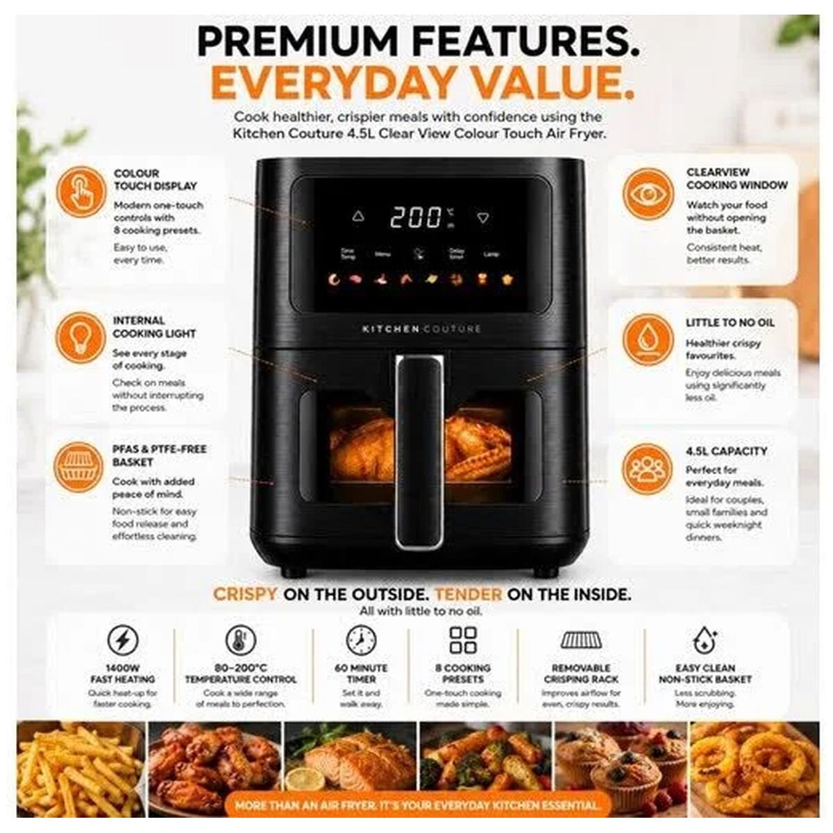Kitchen Couture Clear View Colour Touch Air Fryer 4.5L - Black - 8 Presets, 1400W - 10005842