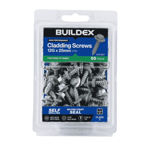 Buildex 12G x 25mm Class 3 Cladding Screws with Seal, Type 17 Hex Head - 50 Pack