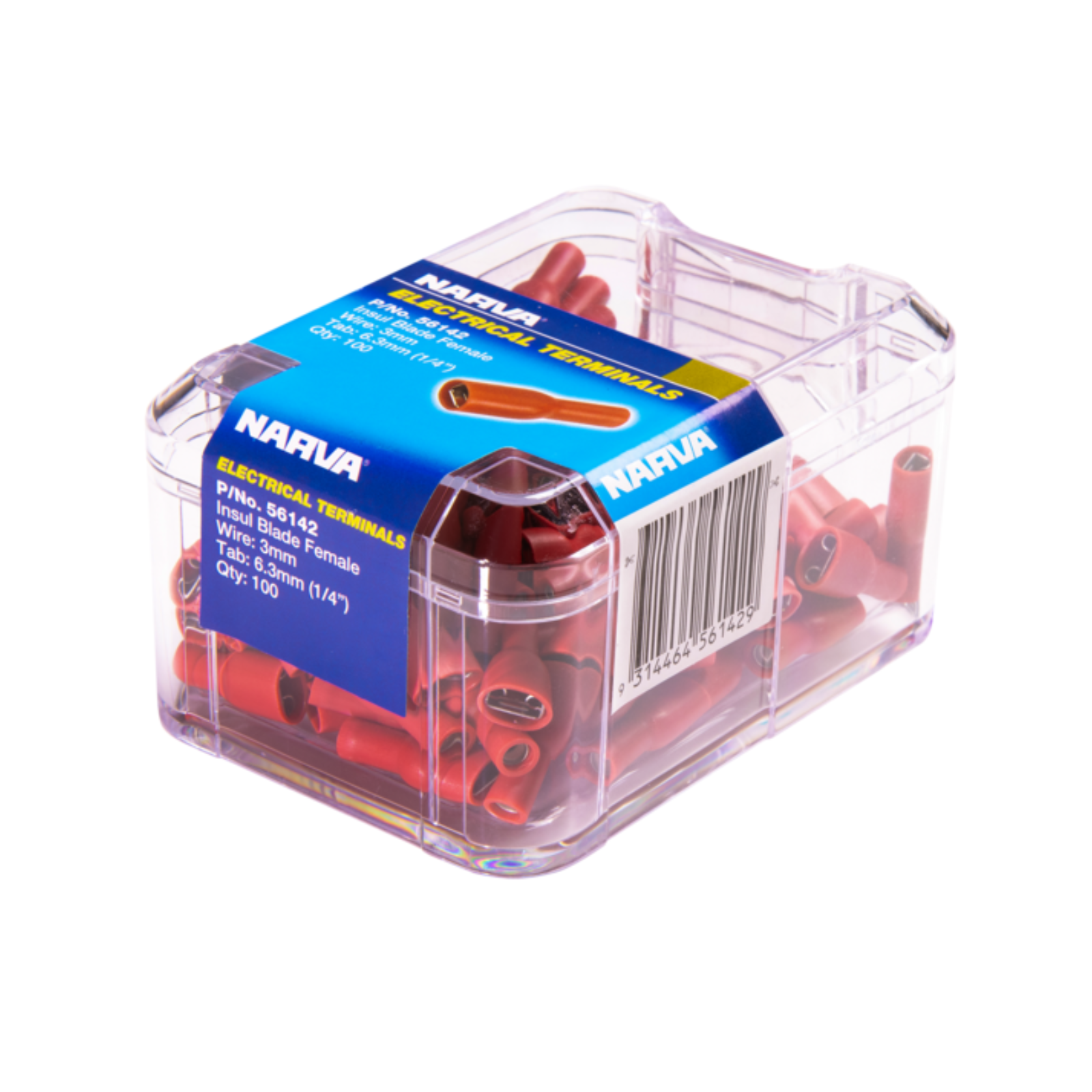 Narva Red Double Crimped Female Fully Insulated Blade Terminal, 2.5-3mm, 6.3 x 0.8mm, 100 Pack