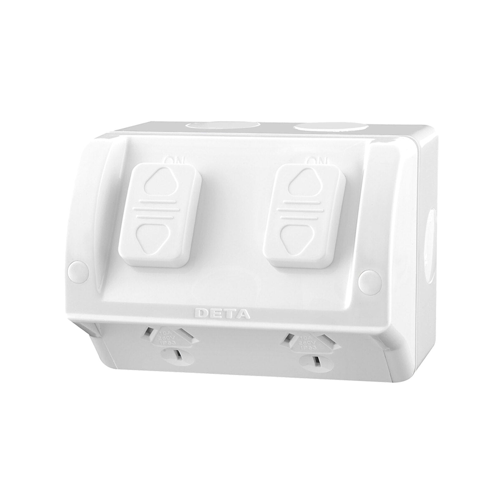 DETA Rhodium Plated Double Outdoor Powerpoint, 250V 10A, White Polycarbonate, IP54