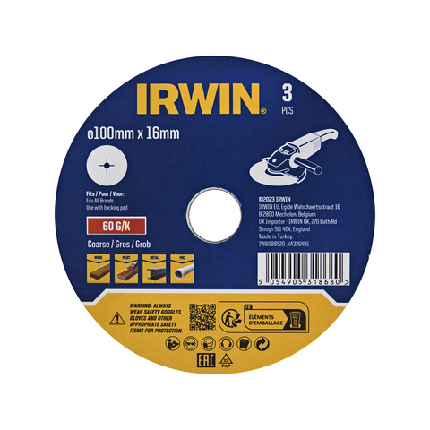 IRWIN 100 x 16mm 60 Grit Fibre Disc - 3 Pack