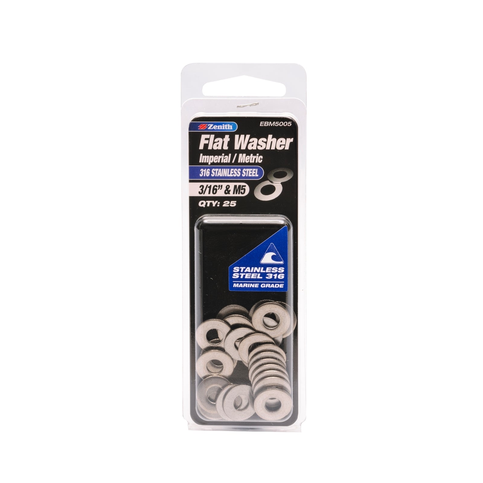 Zenith 3/16" & M5 316 Stainless Steel Flat Washer - 25 Pack, Round