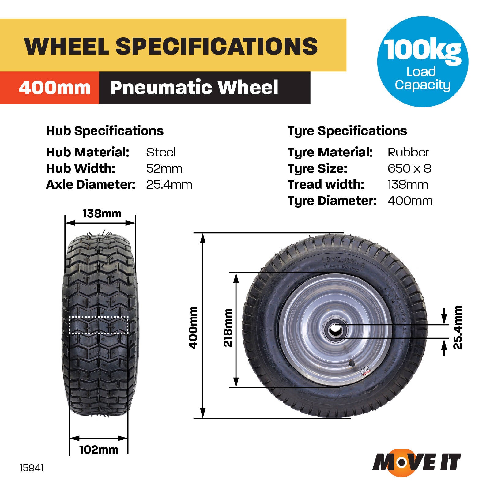 Move It 650 x 8" Pneumatic Wheel, 1" Bearing, Steel Hub, 100kg