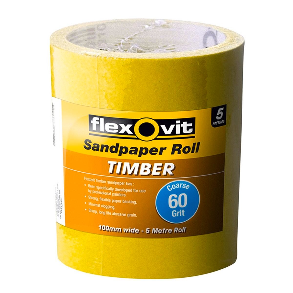 Flexovit 115mm x 5m 60 Grit Timber Sandpaper Roll, Aluminium Oxide, Coarse Cutting