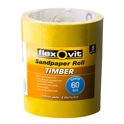 Flexovit 115mm x 5m 60 Grit Timber Sandpaper Roll, Aluminium Oxide, Coarse Cutting