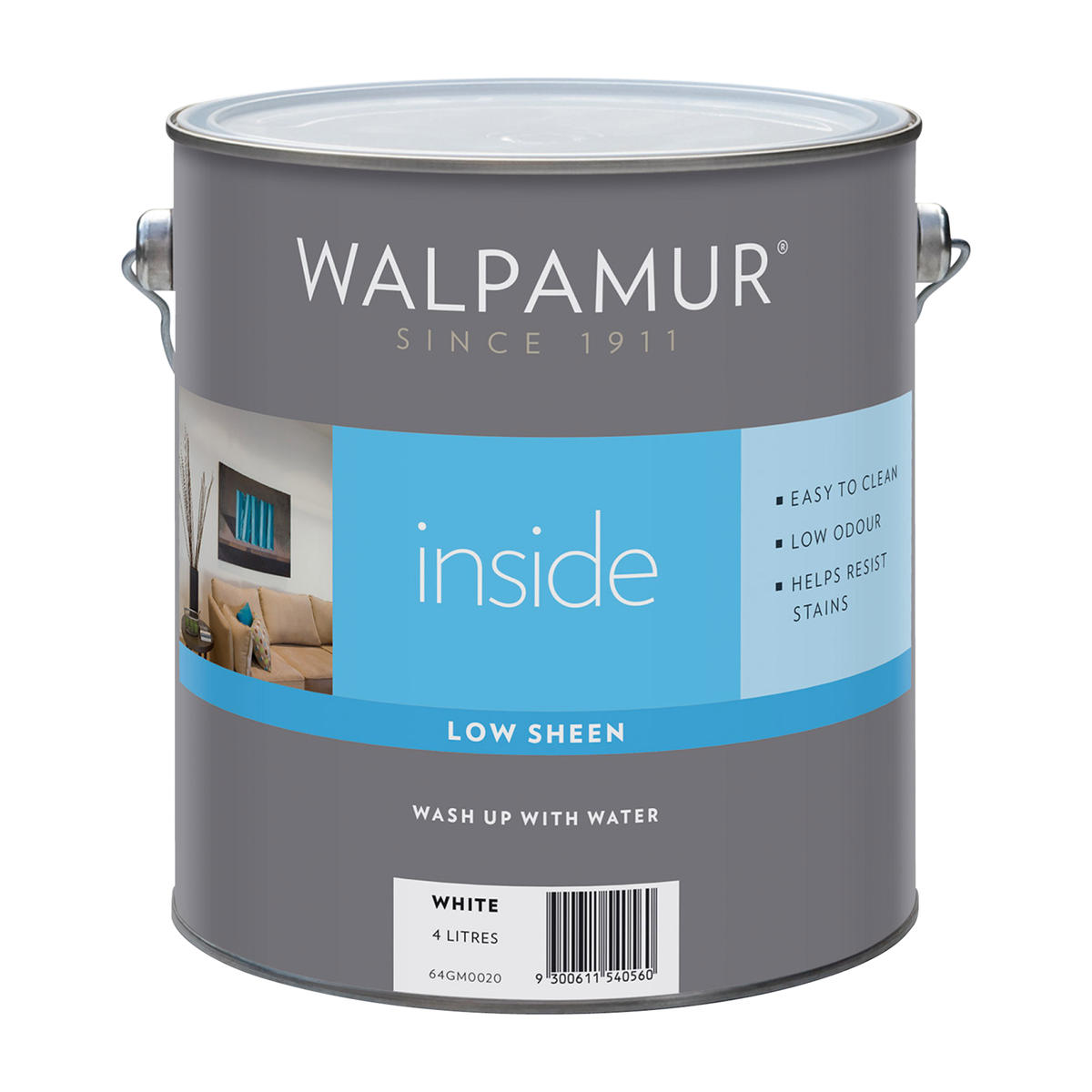 Walpamur Inside 4L White Low Sheen Interior Paint - Water-Based, Low Odour, Tintable
