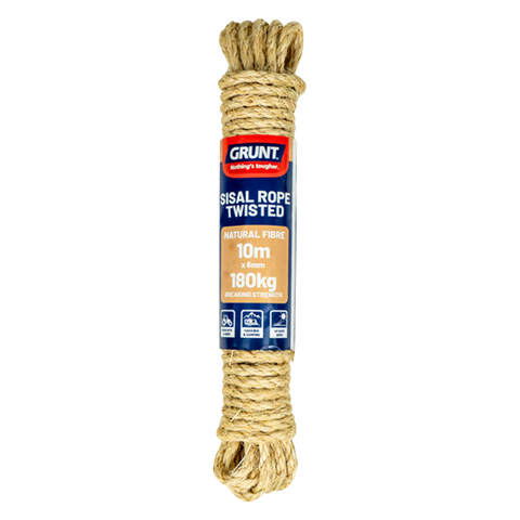 Grunt 6mm x 10m Sisal Twisted Rope, Natural Fibre, 180kg Break Strength, Weather Resistant