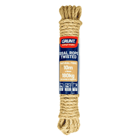 Grunt 6mm x 10m Sisal Twisted Rope, Natural Fibre, 180kg Break Strength, Weather Resistant